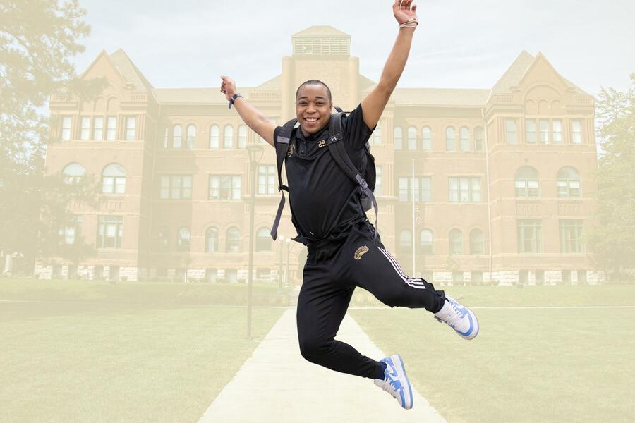 Graphic image with a young man jumping mid air with a screened image of the NWU Old Main building in the background.